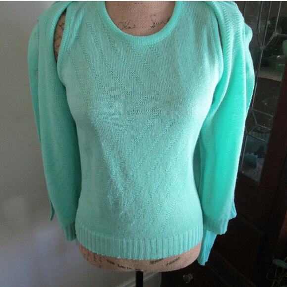 80s/90s Vintage Ms Today Mint Green Pointelle Cardigan Sweater Set Size 2 Pastel - Picture 2 of 16